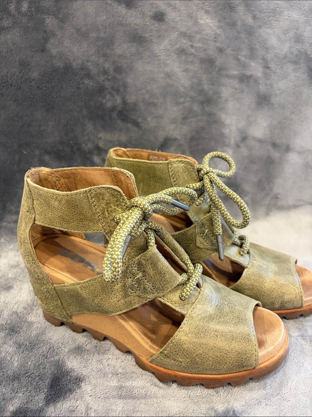 Sorel Olive Green Lace-Up Wedge Sandals